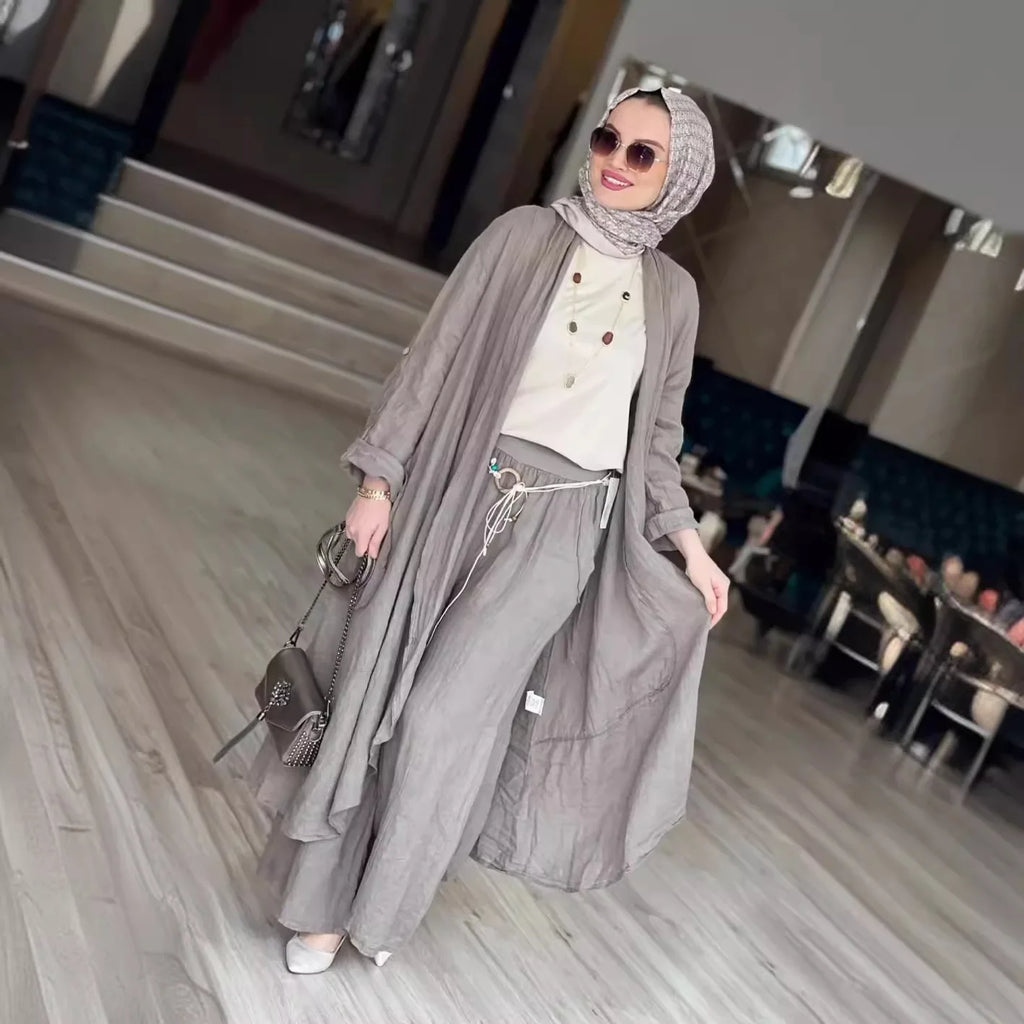Abaya Blouse & Wide Leg Pants Two-Piece Set