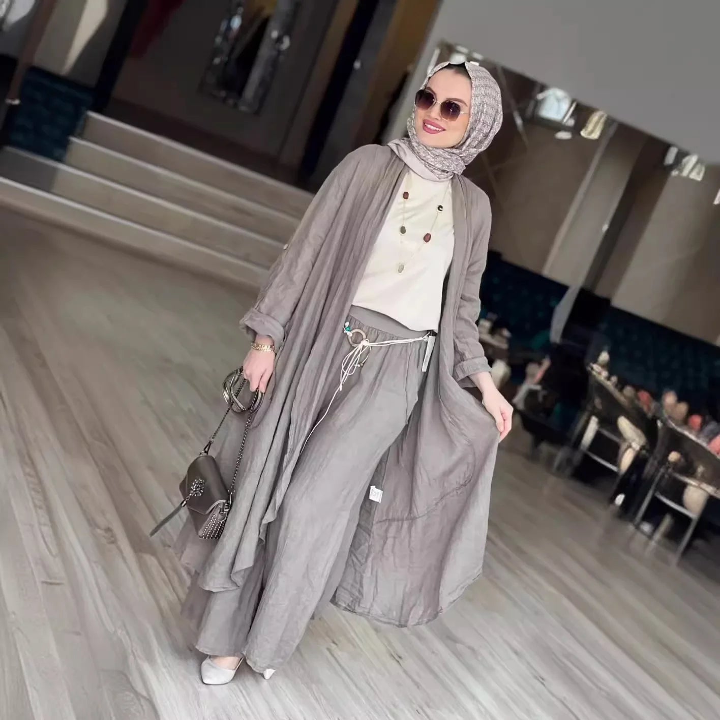 Abaya Blouse & Wide Leg Pants Two-Piece Set
