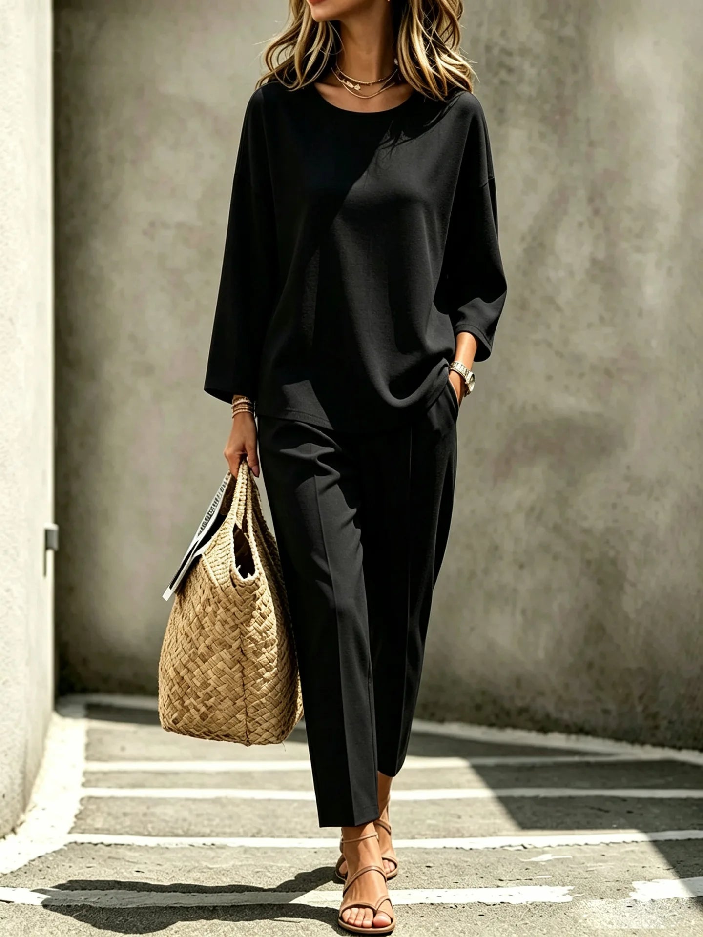 Casual Solid Color Two-piece Set Women's Spring Autumn Simple Round Neck Loose Top+pants Suit Fashion Street Outfit For Ladies