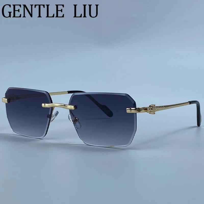 Geometric Square Rimless Sunglasses Women 2026 Luxury Designer Steampunk Leopard Head Metal Sun Glasses Ladies Shades Eyewear