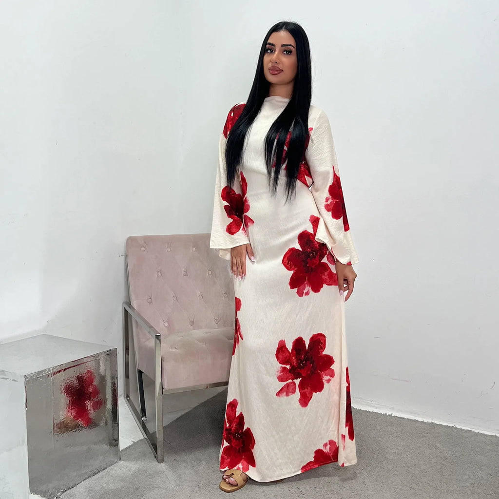 Arabesque Bell Sleeve Floral Print Maxi Abaya Dress