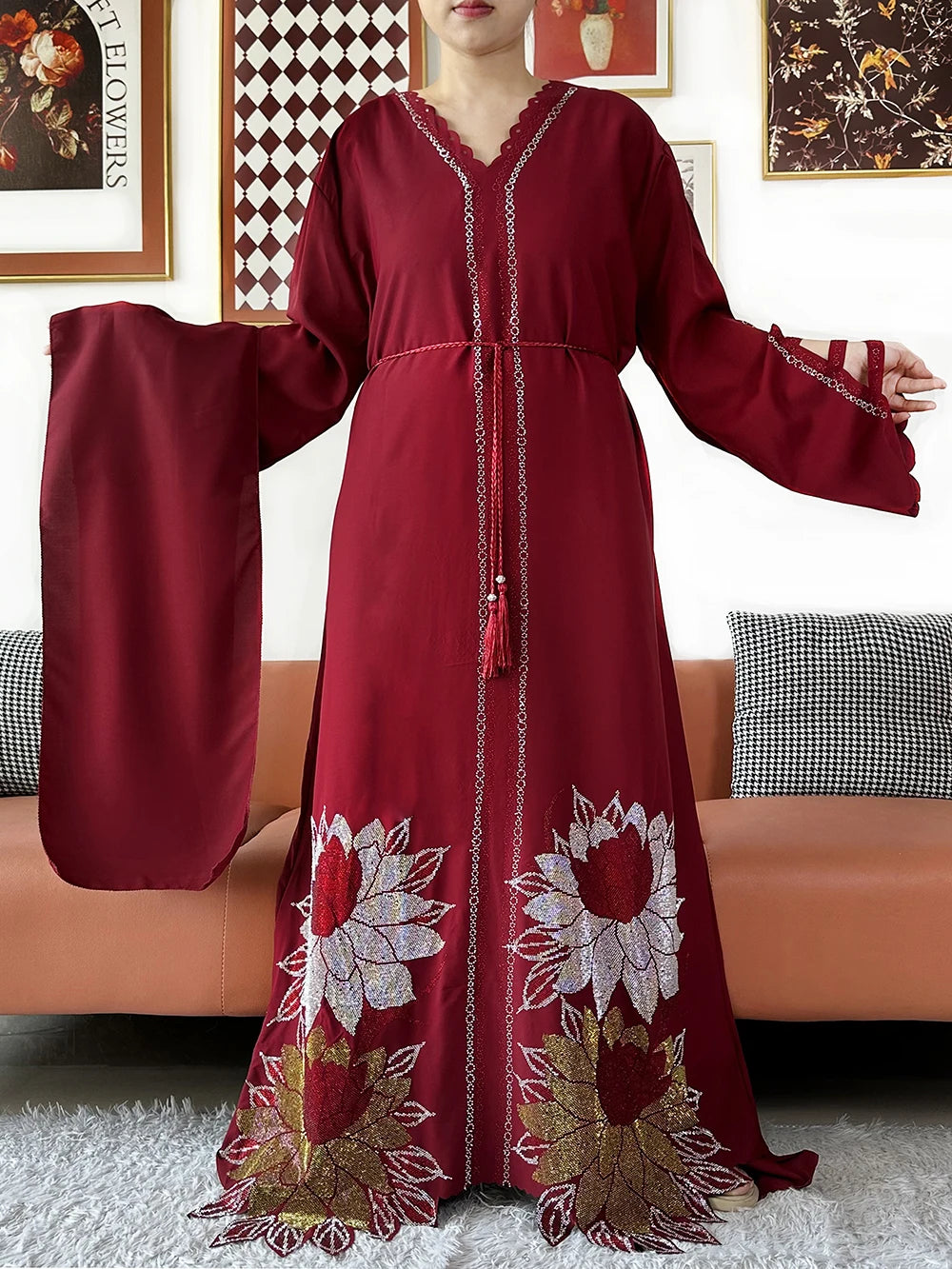Chiffon Diamond Long Sleeve Abaya Dress