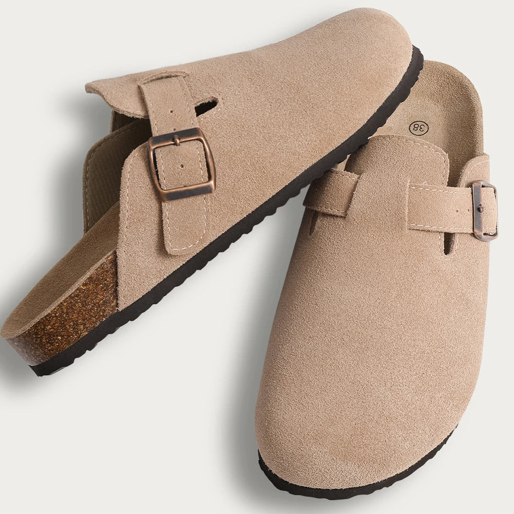 Women's Cork Mules – Suede-Look Slip-On Clogs with Buckle