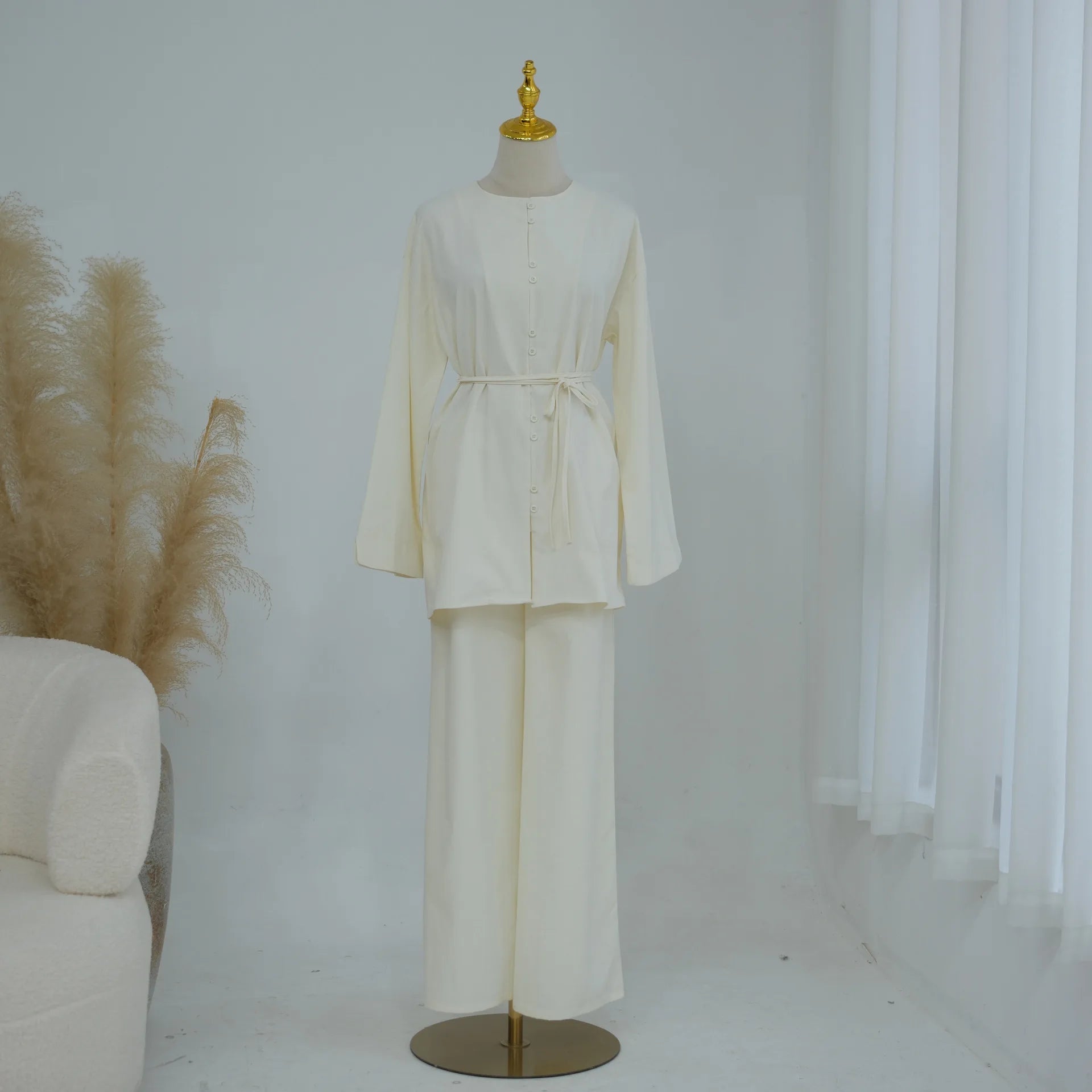 New Elegant Women Buttons Tops and Pants Muslim Set Dubai Abaya Kaftan Islam Clothing Modest Tracksuit Femme Musulmane Ensembles