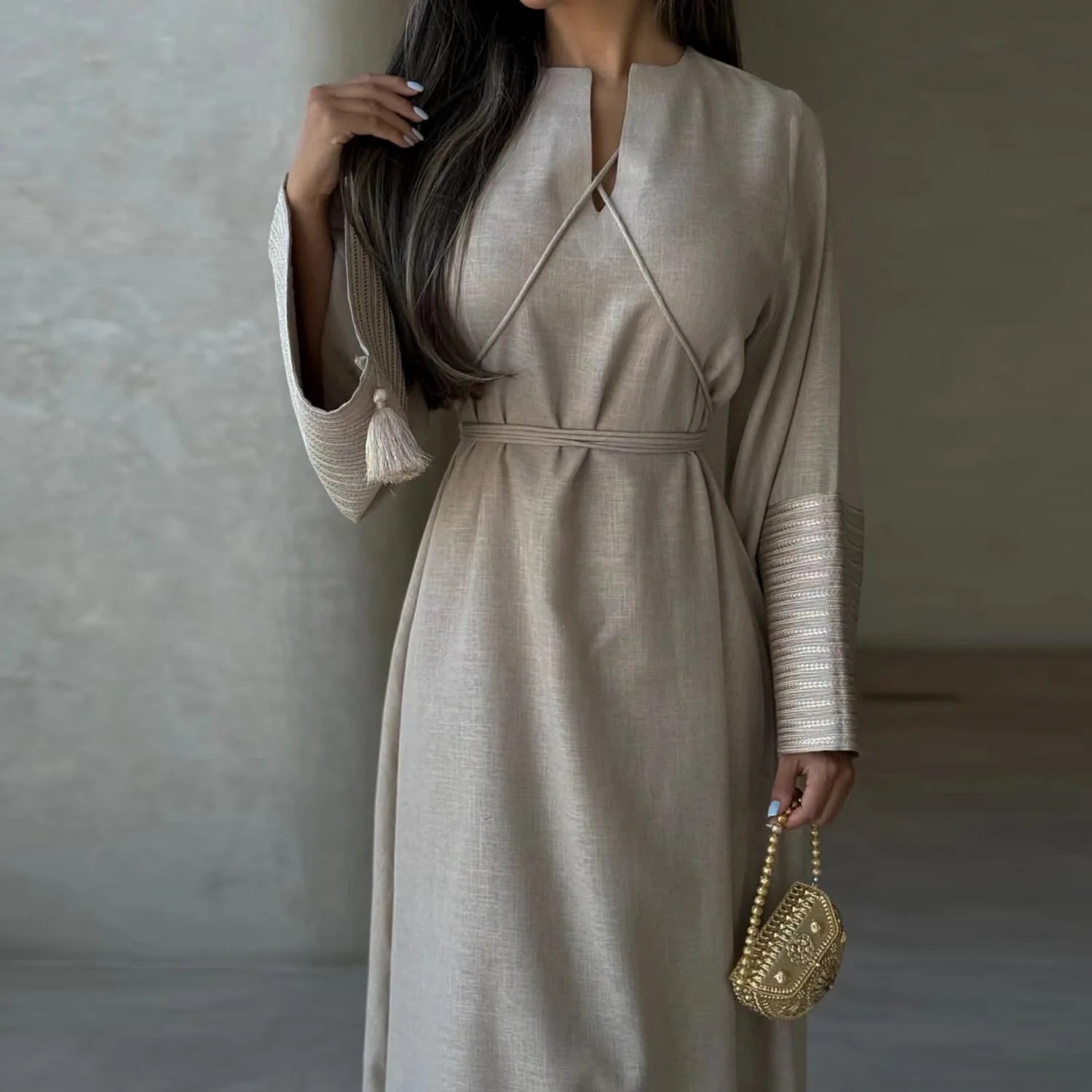 Palestine Embroidery Belted Linen Abaya