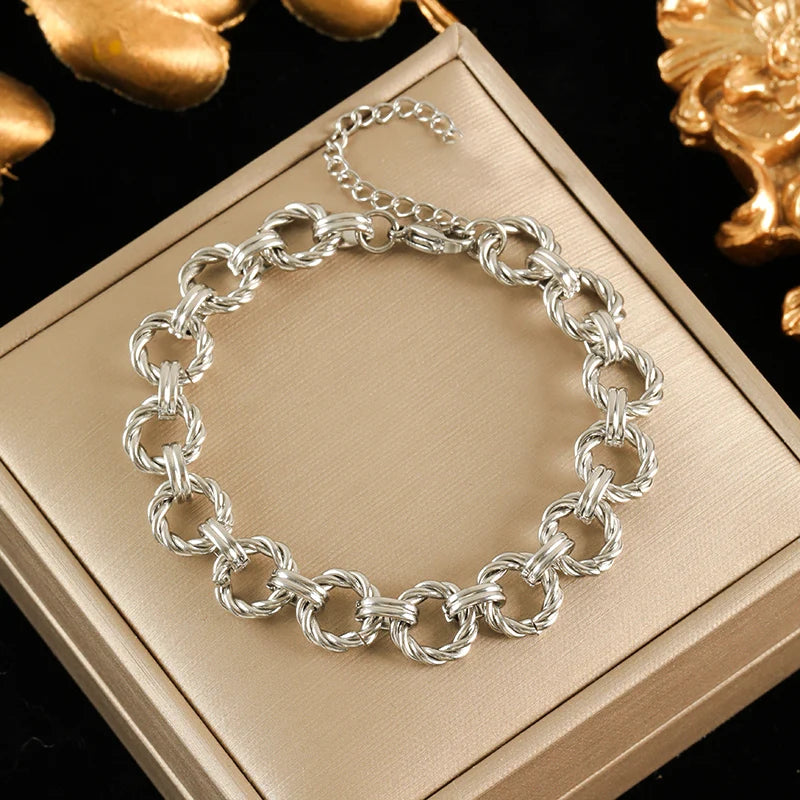 Silver Metal Texture Wrist Chain Bangle Bracelet