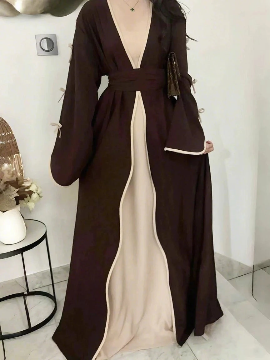 Bow Lace-Up Floral Kaftan Abaya Dress