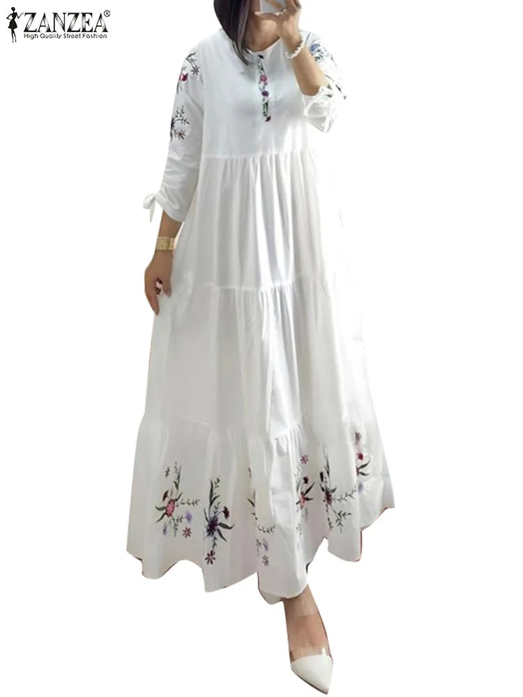 Floral Print 3/4 Sleeve Loose Kaftan Maxi Dress