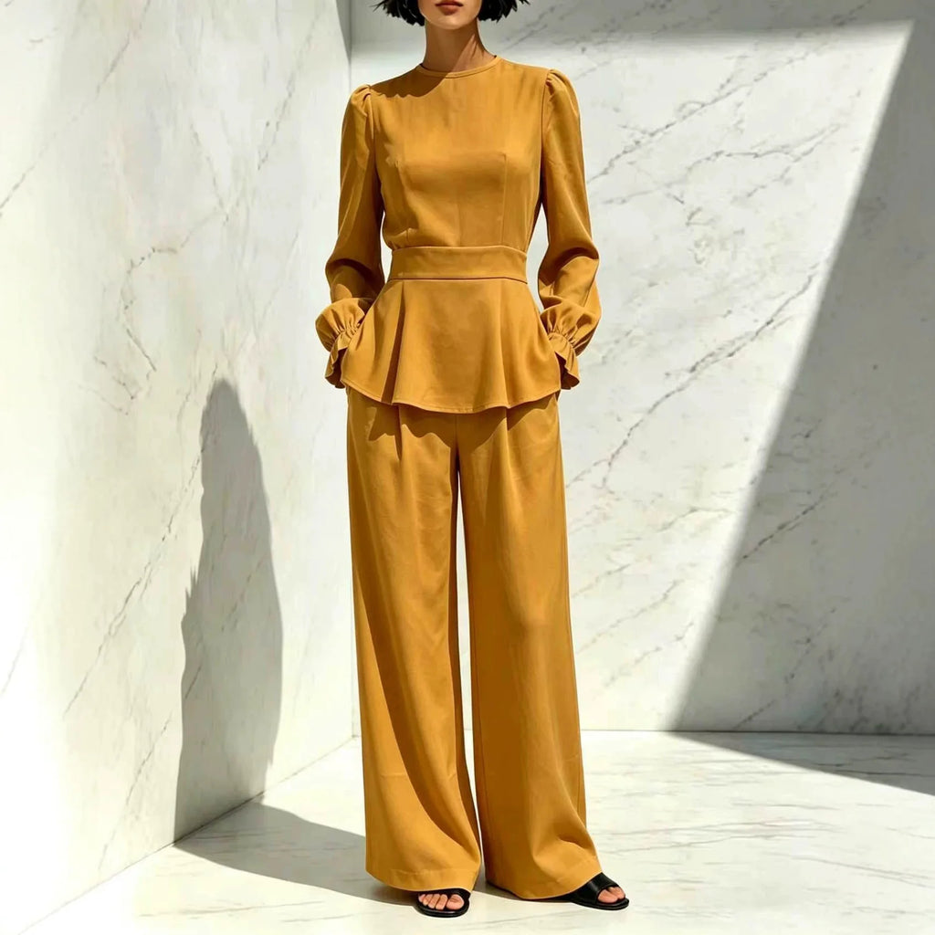 Women spring autumn Elegant 2 Piece Set Round Neck Long Puff Sleeve Flared Hem Top High Waist Wide Leg Pants Office casual Suit