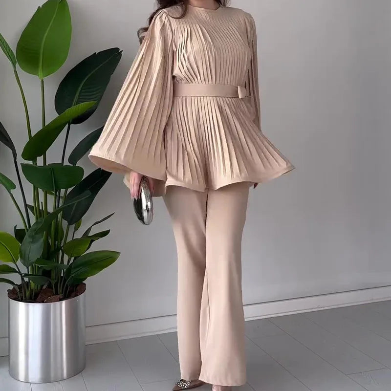 Eid Muslim Suits Women Lace Up Blouse Wide Leg Pants Sets Casual Dubai Two Piece Solid Outfits Islamic Ramadan Morocco Arabic