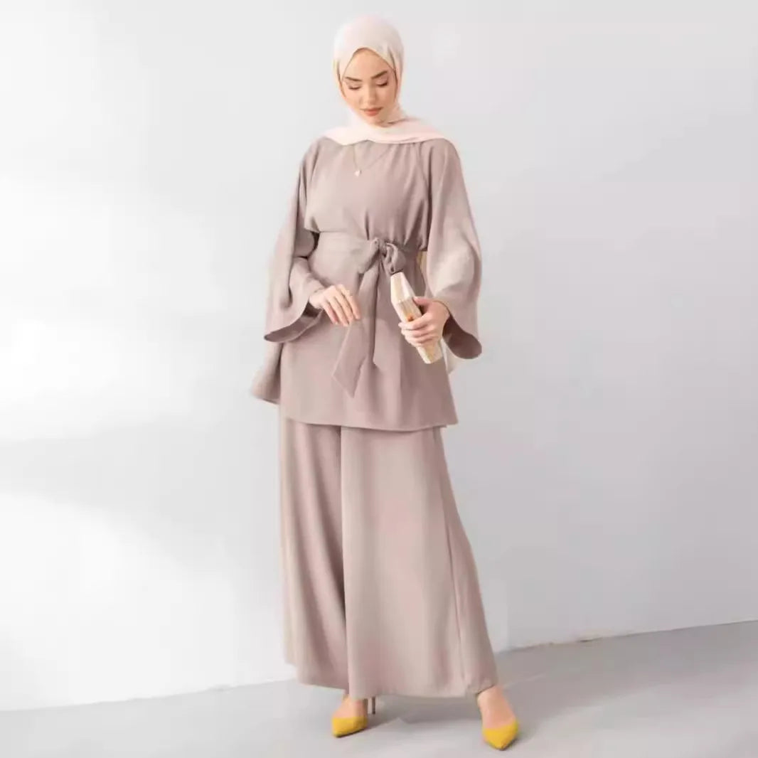 Eid Muslim Two Piece Set Islam Women Lace Up Shirt Wide Leg Pants Suits Ramadan Turkey Outfits Modest Morocco Abayas Ensembles