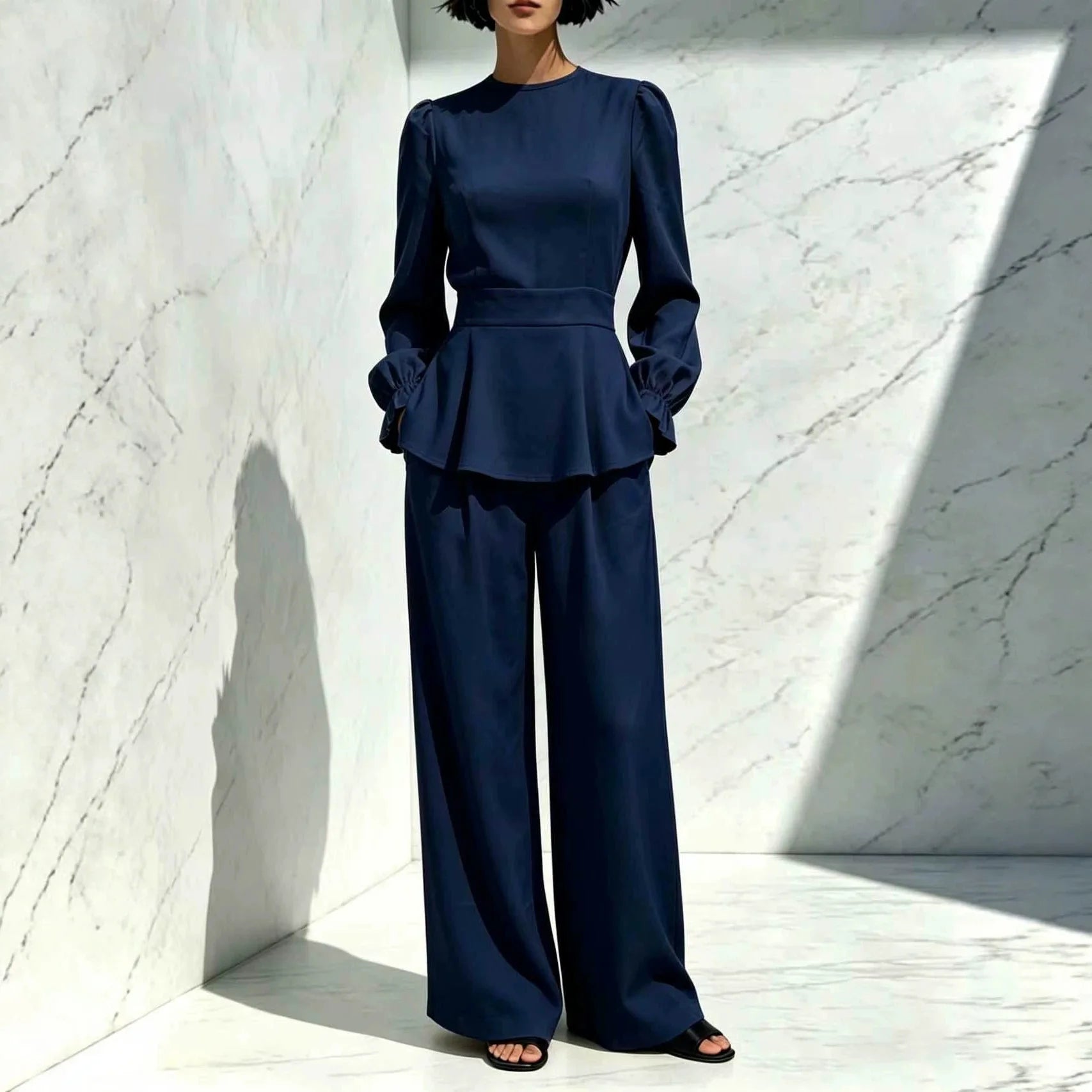 Women spring autumn Elegant 2 Piece Set Round Neck Long Puff Sleeve Flared Hem Top High Waist Wide Leg Pants Office casual Suit