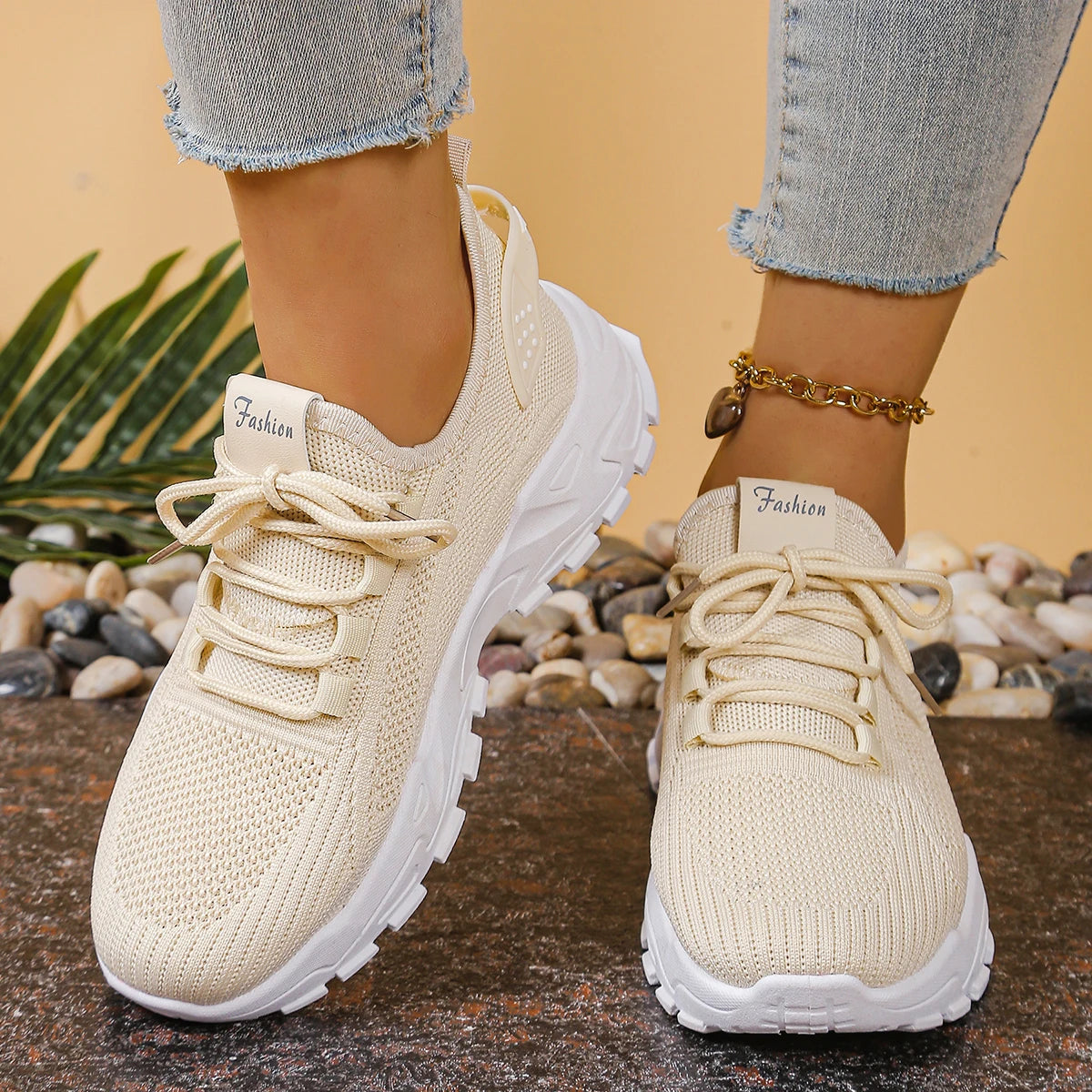 Women's Chunky Dad/Mom Sneakers 4cm Heightening Knit Mesh Breathable Non-Slip Lace Up Casual Athletic Trainers