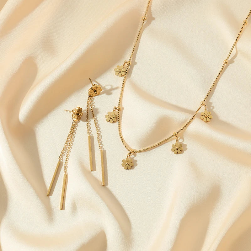 Gold Flower Stainless Steel Necklace & Bracelet Set