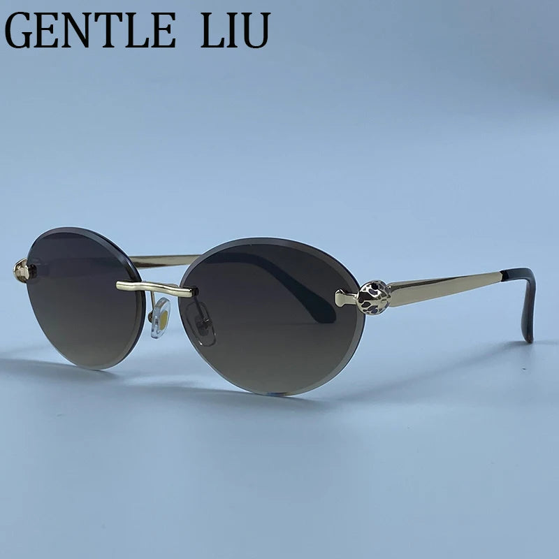 Steampunk Oval Rimless Sunglasses Women 2026 Luxury Brand Vintage Leopard Head Metal Frame Sun Glasses For Lady Driving Eyewear