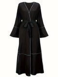 Contrast Lace-Up Trumpet Sleeve Maxi Dress