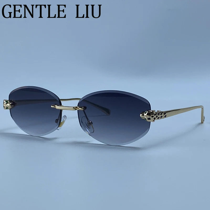 Vintage Hexagon Rimless Sunglasses Women 2026 Luxury Brand Trendy Gold Leopard Head Y2K Punk Sun Glasses Travelling Eyewear