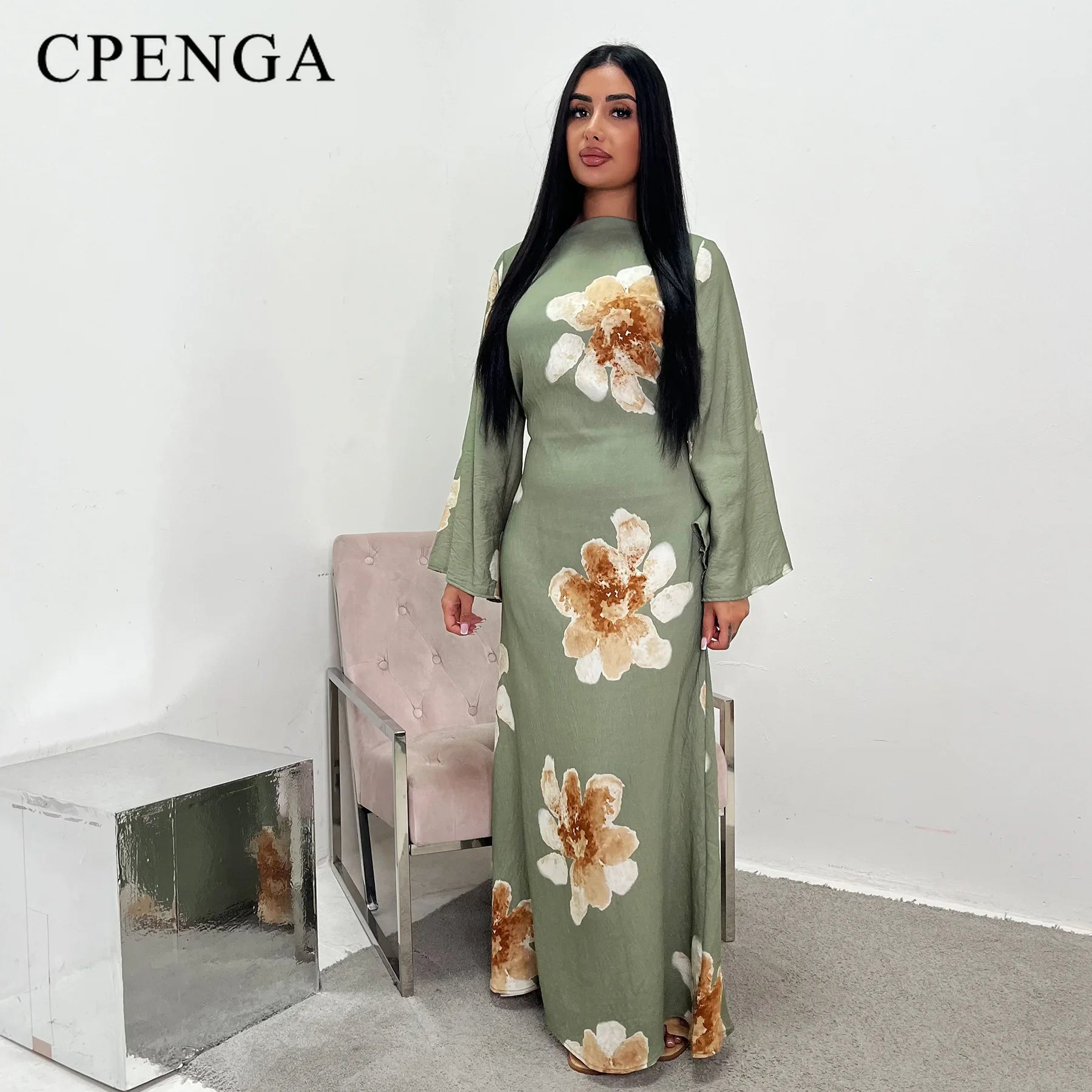 Arabesque Bell Sleeve Floral Print Maxi Abaya Dress