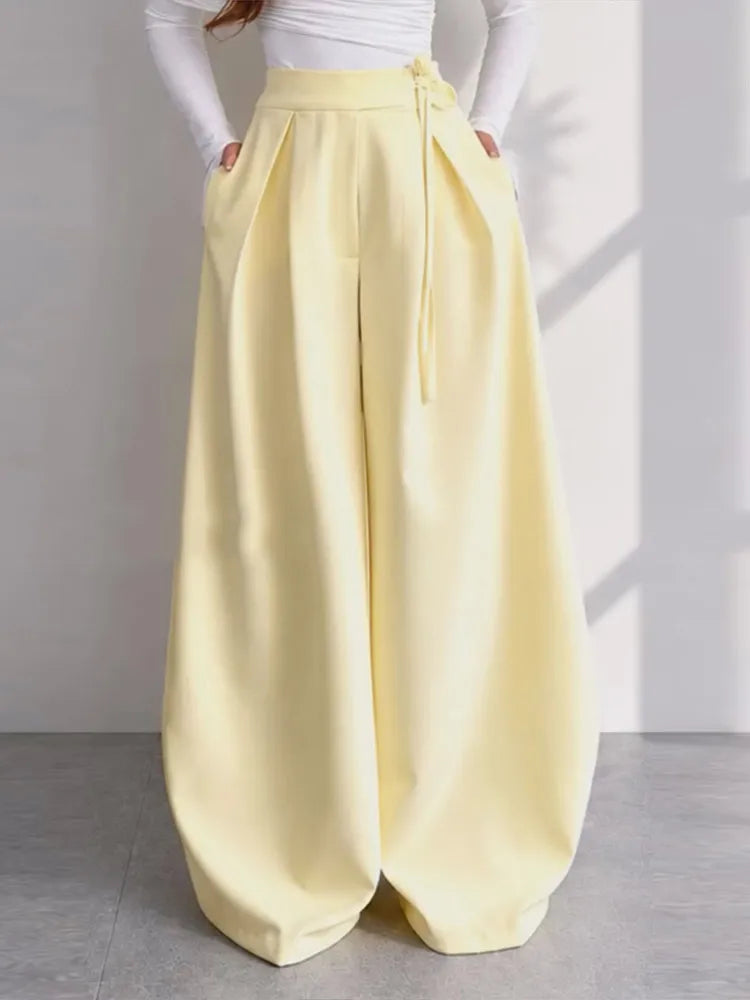 Solid Yellow Pant 2 Piece Set Women's Full Sleeves Buttons Waist-cinching Coats Wide-leg Trousers 2026 New Ladies Autumn Outfit