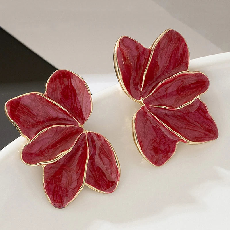 Red Enamel Flower Petal Stud Earrings