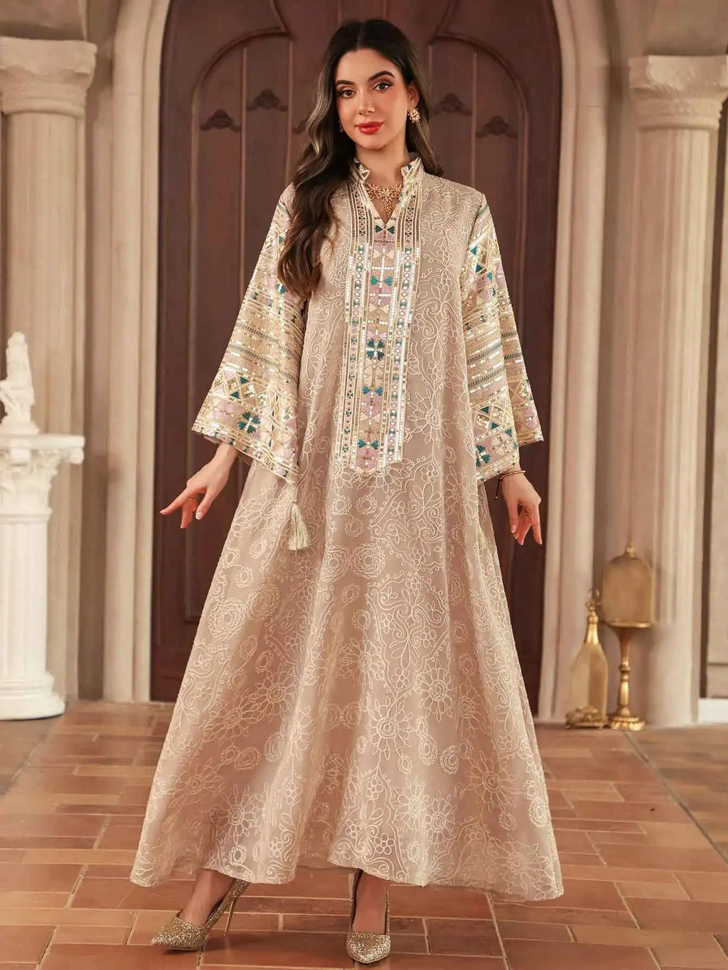 Multicolour Embroidered Sequin Beige Abaya