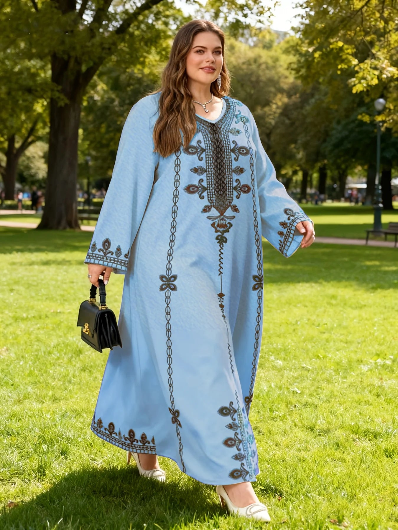 Plus Size Ethnic Print Long Sleeve Holiday Robe Dress