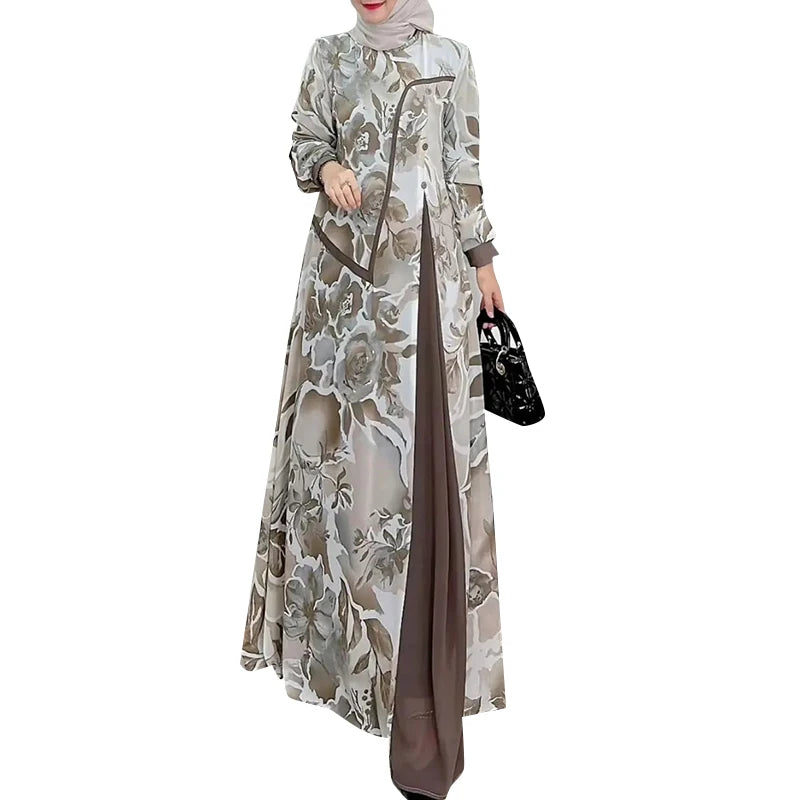 Patchwork Vintage Long Sleeve Printed Abaya Maxi Dress