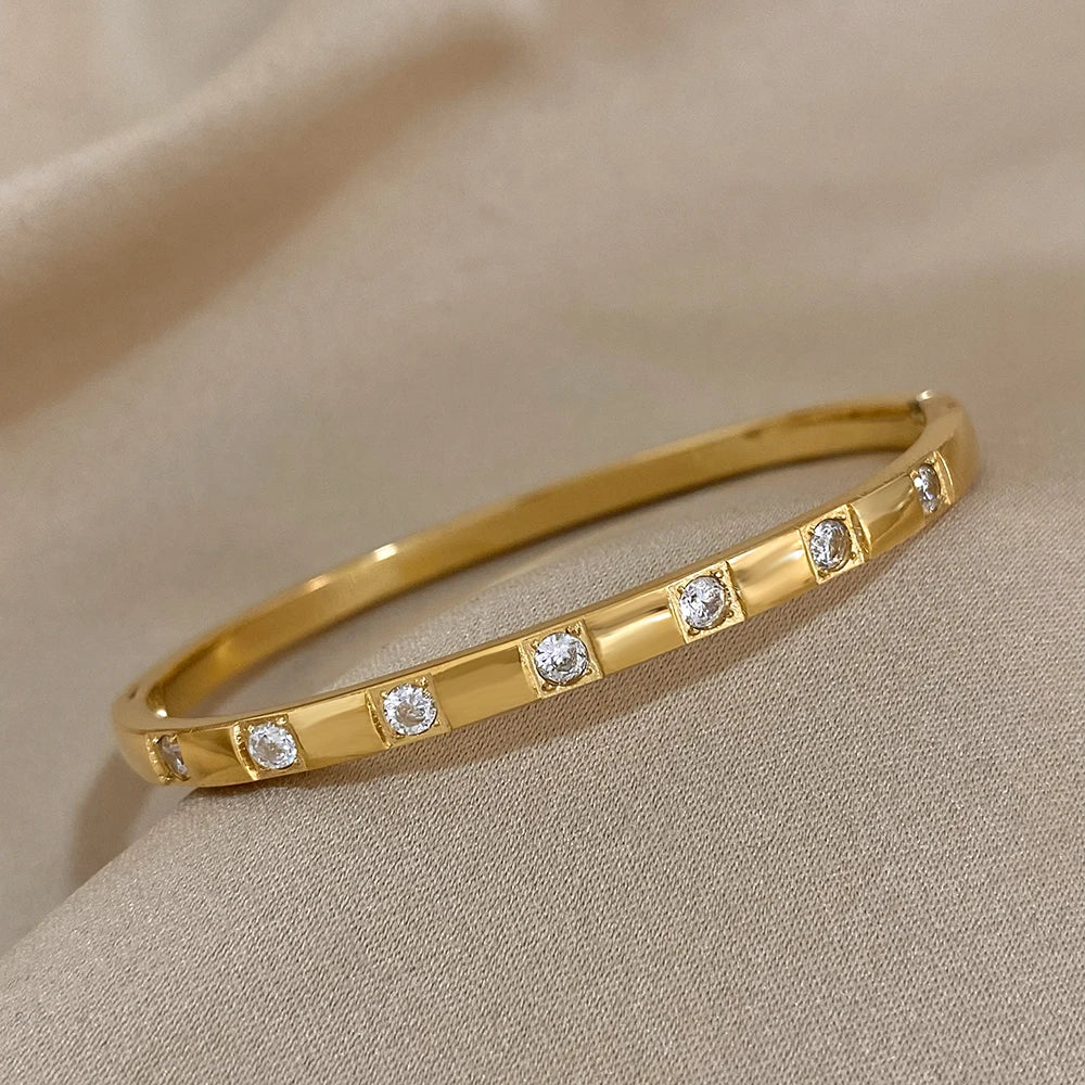 Cubic Zirconia Gold Stainless Steel Bangle