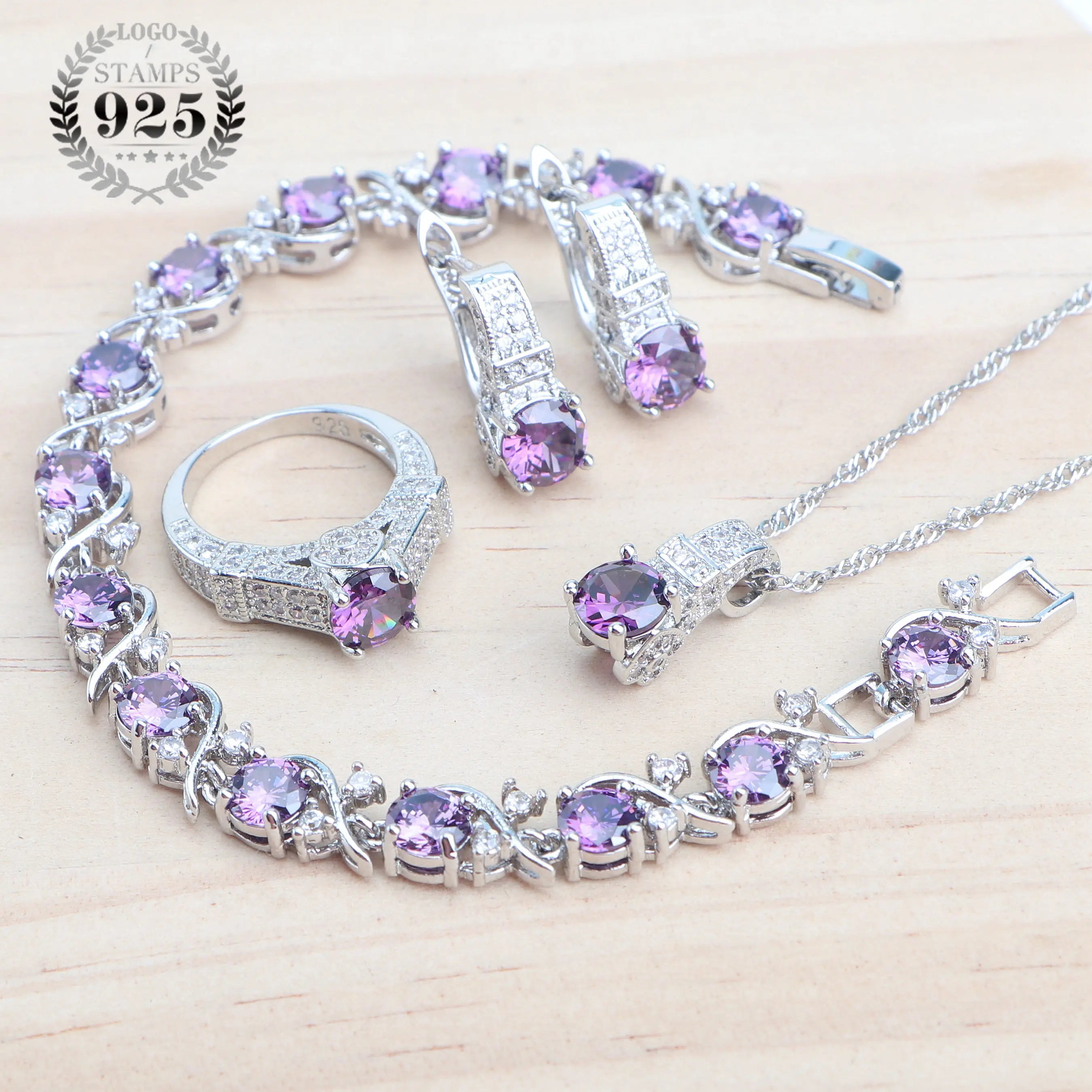 925 Sterling Silver Purple Zircon Jewellery Set