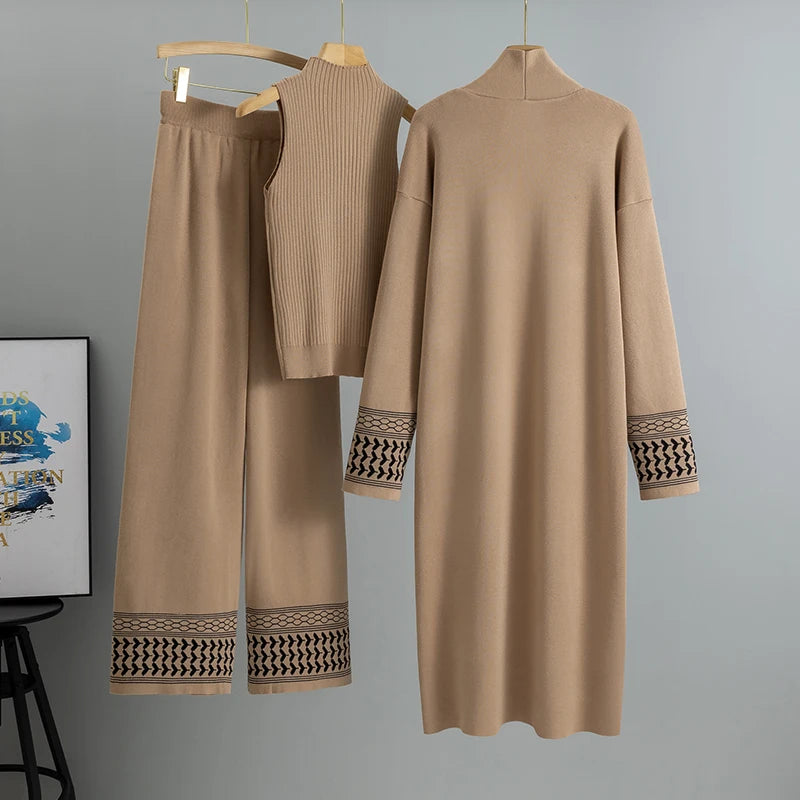 Plaid 3-Piece Set – Elegant Knit Top & Wide-Leg Pants