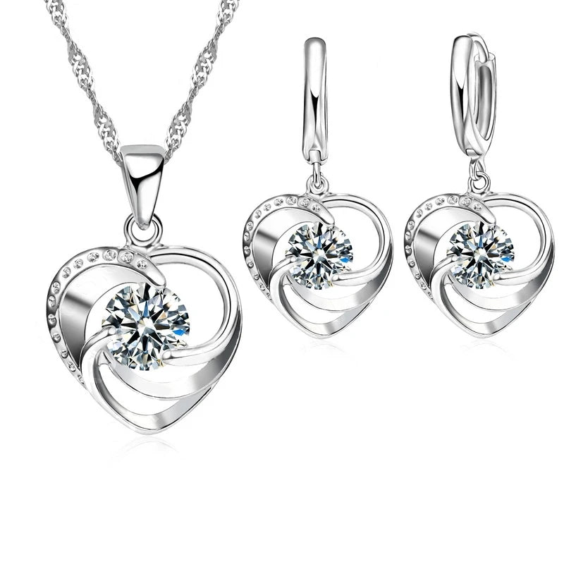 925 Sterling Silver Love Heart Necklace & Earrings Set