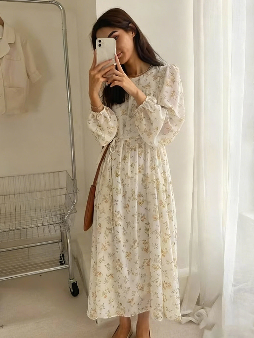 Floral Printed Long-Sleeve Loose Arabic Dress