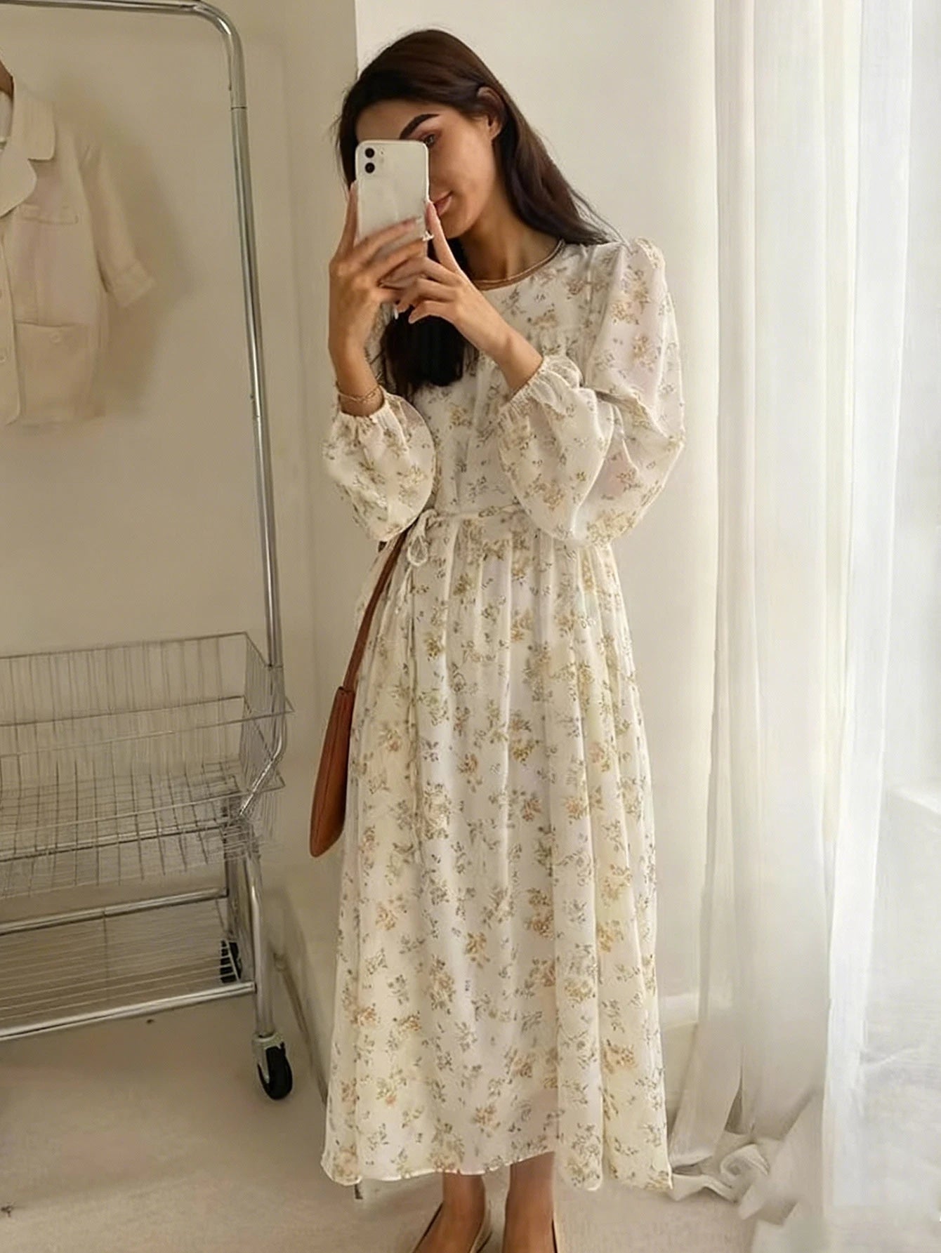 Floral Printed Long-Sleeve Loose Arabic Dress