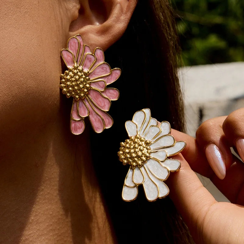 White Pink Metal Petal Flower Stud Earrings