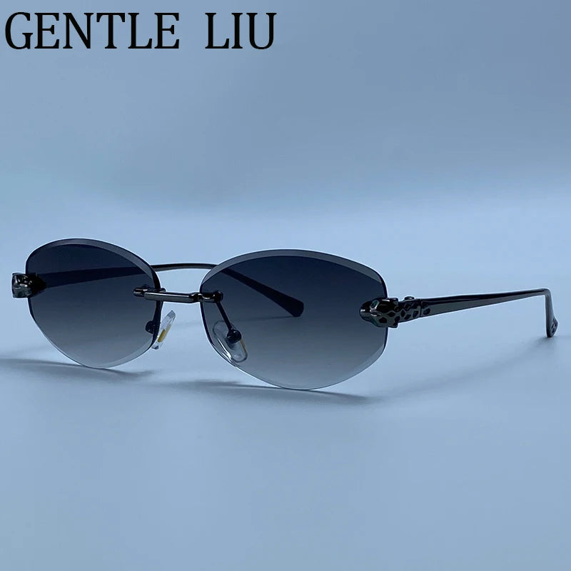 Vintage Hexagon Rimless Sunglasses Women 2026 Luxury Brand Trendy Gold Leopard Head Y2K Punk Sun Glasses Travelling Eyewear