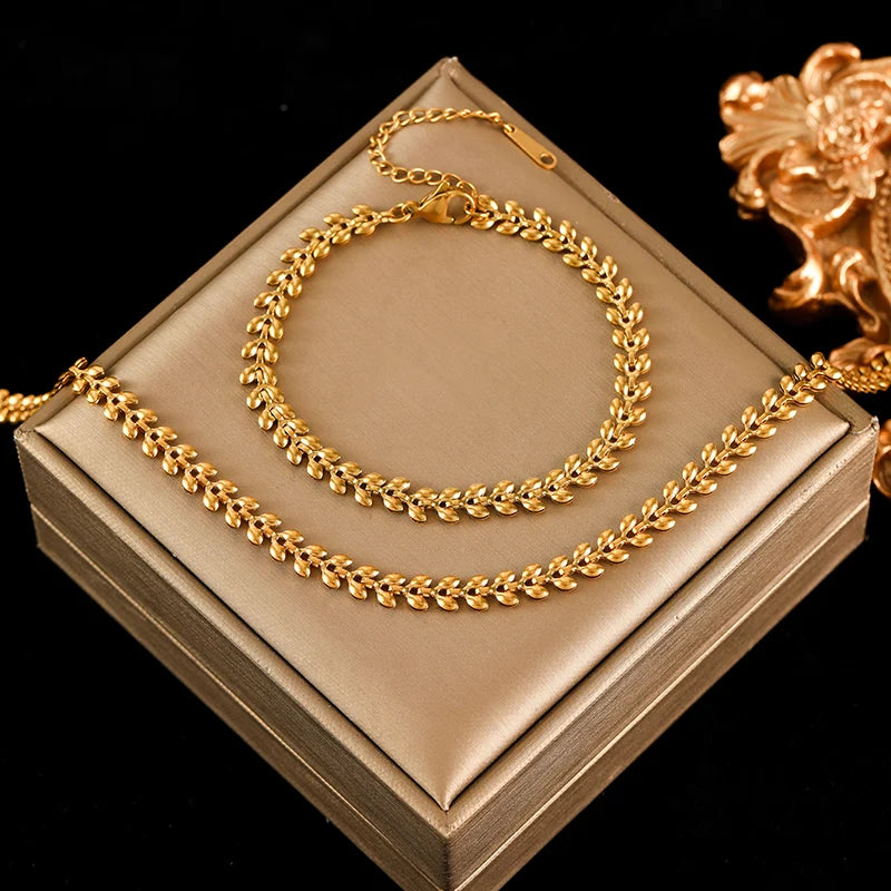 EILIECK 316L Stainless Steel Metal Gold Color Wheat Chain Necklace Bracelets Set For Women Trendy Waterproof Jewelry Lady Gift