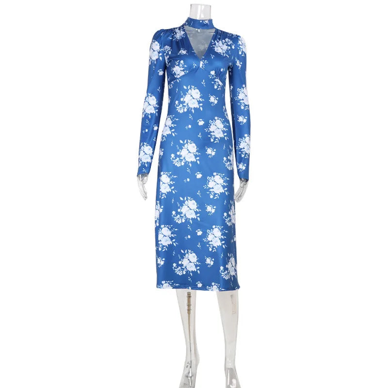 Printed V-Neck Long Sleeve Bodycon Maxi Dress