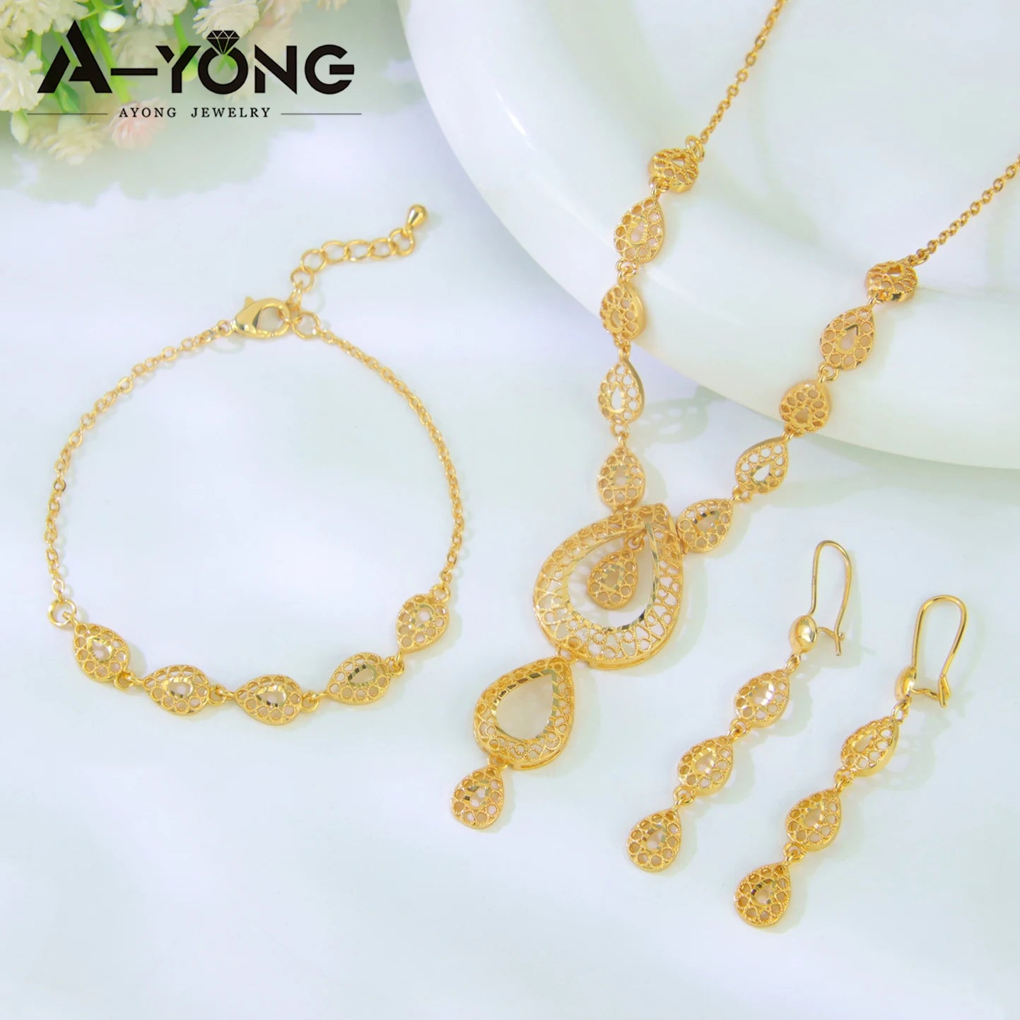 Dubai Wedding Gold Necklace Bracelet & Earrings Set