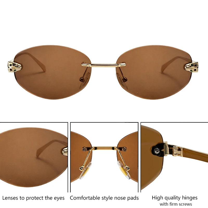 Vintage Hexagon Rimless Sunglasses Women 2026 Luxury Brand Trendy Gold Leopard Head Y2K Punk Sun Glasses Travelling Eyewear