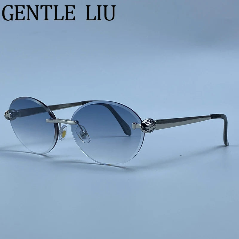 Steampunk Oval Rimless Sunglasses Women 2026 Luxury Brand Vintage Leopard Head Metal Frame Sun Glasses For Lady Driving Eyewear