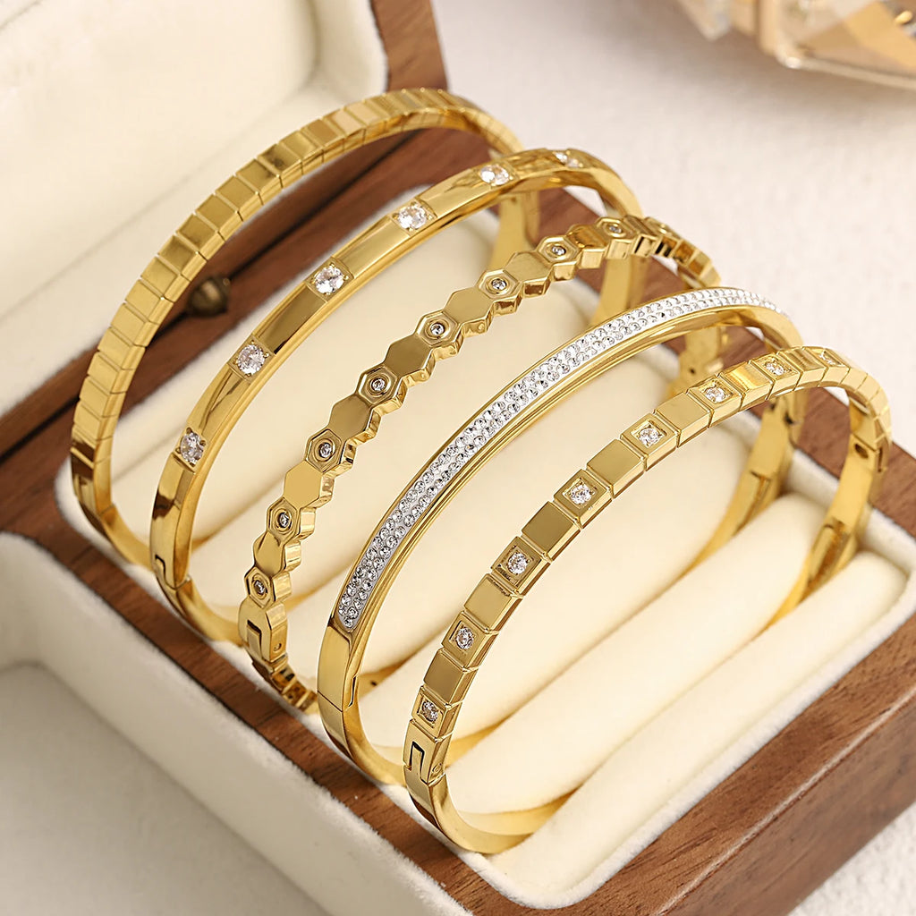 Cubic Zirconia Gold Stainless Steel Bangle