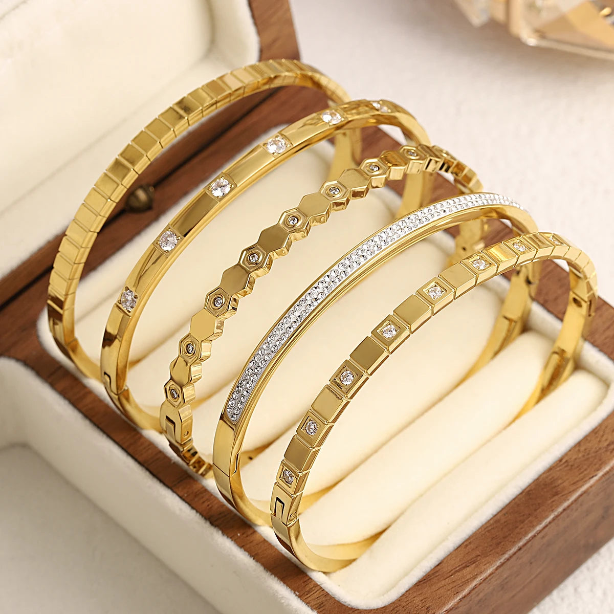 Cubic Zirconia Gold Stainless Steel Bangle