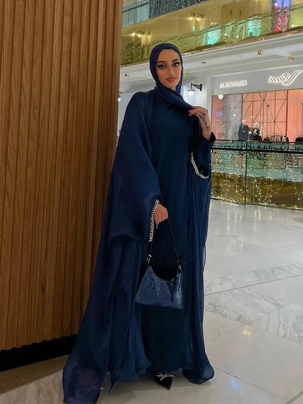Beading Sleeve Cardigan Abaya with Scarf