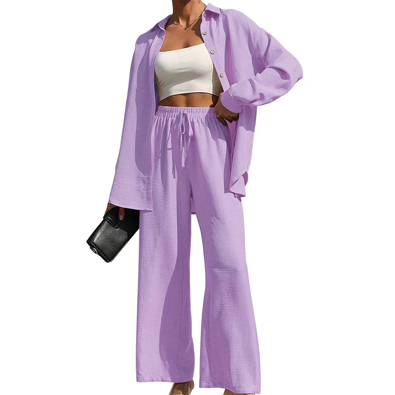 Button Shirt & Wide Leg Pants Two-Piece Set