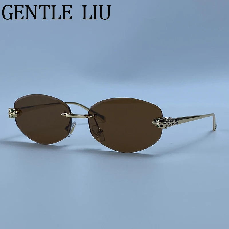 Vintage Hexagon Rimless Sunglasses Women 2026 Luxury Brand Trendy Gold Leopard Head Y2K Punk Sun Glasses Travelling Eyewear
