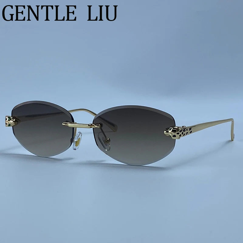 Vintage Hexagon Rimless Sunglasses Women 2026 Luxury Brand Trendy Gold Leopard Head Y2K Punk Sun Glasses Travelling Eyewear