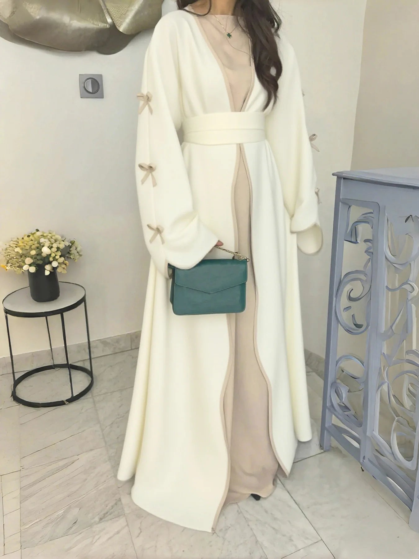 Bow Lace-Up Floral Kaftan Abaya Dress