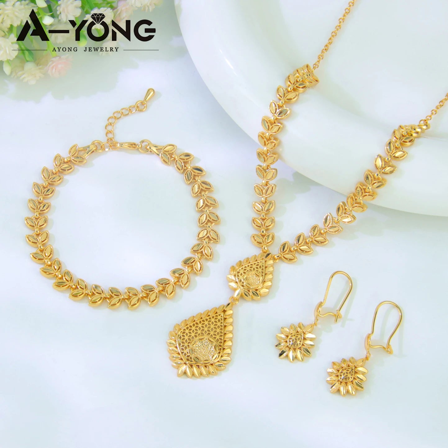Dubai Wedding Gold Necklace Bracelet & Earrings Set