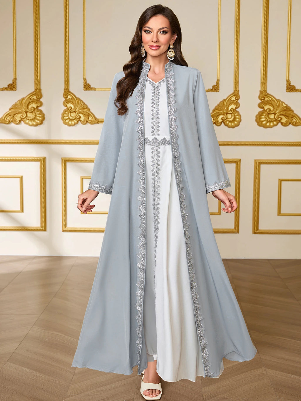 French-Style Lace Embroidered Open Abaya Dress Set
