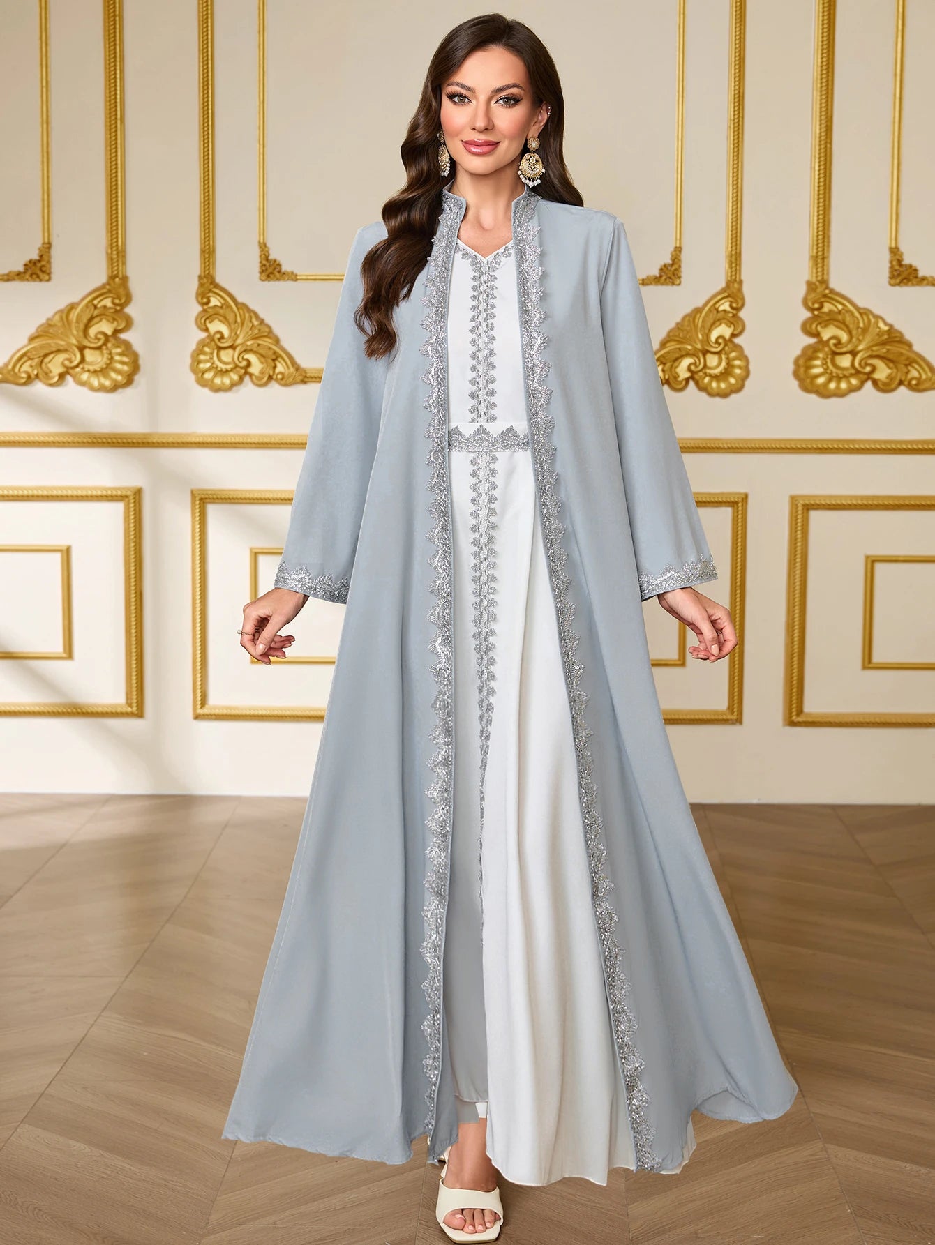 French-Style Lace Embroidered Open Abaya Dress Set